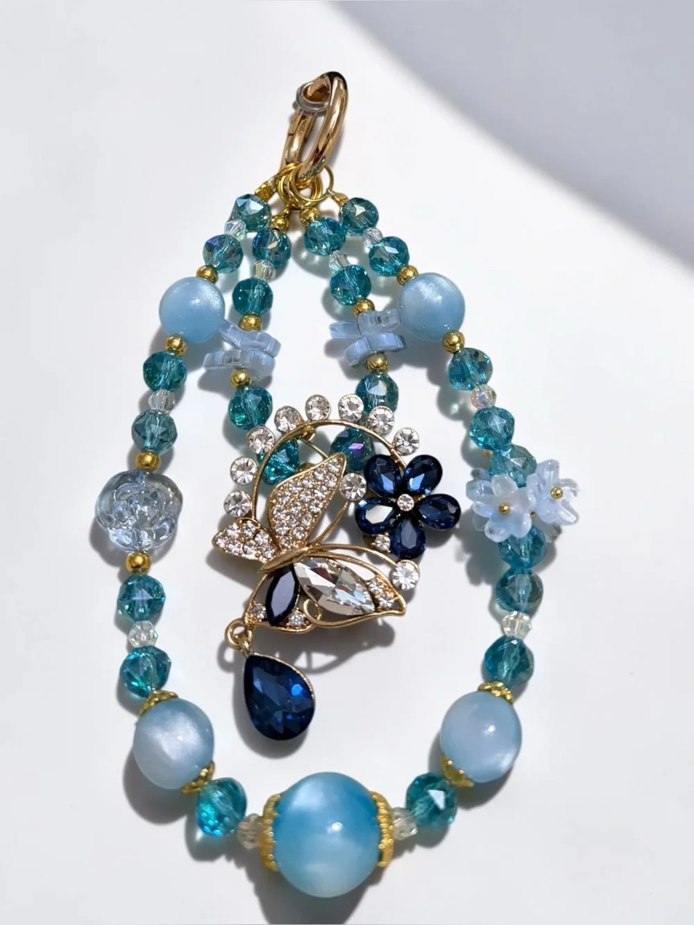 Blue Floral Butterfly Beaded Phone Charm Keychain